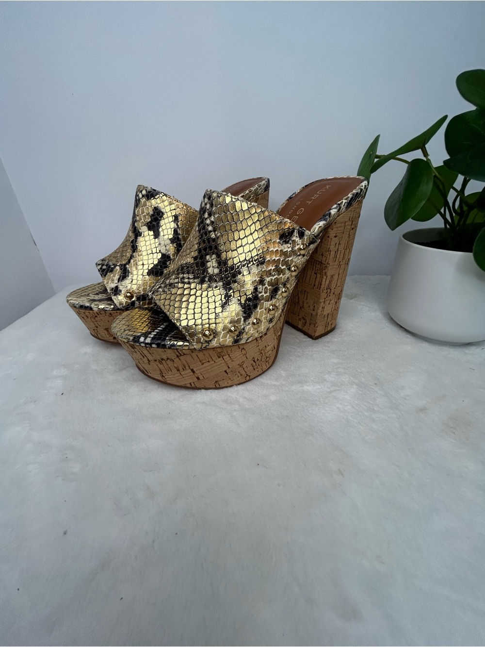Kurt Geiger London Snake Print Cork Platform Mule Heels